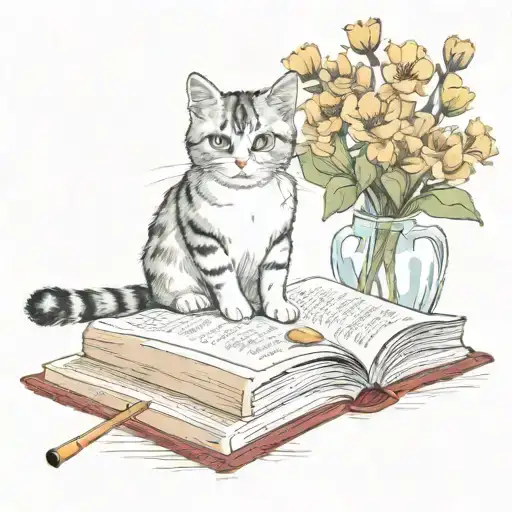 Cat On Book With Flowers