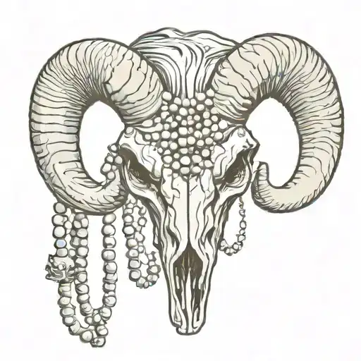 A Ram Skull With Delicate Rosary Beads Intertwined In Its Horns