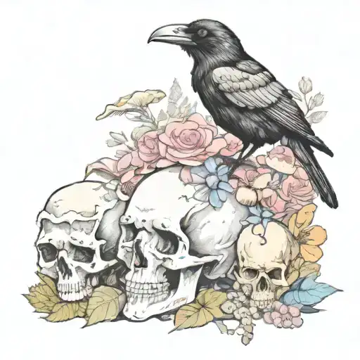 Crow Standing On A Skull Surrounded By Mushrooms And Pastel Flowers
