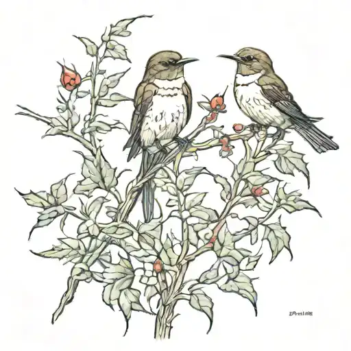 2 Swallow Birds On A Thorny Vine