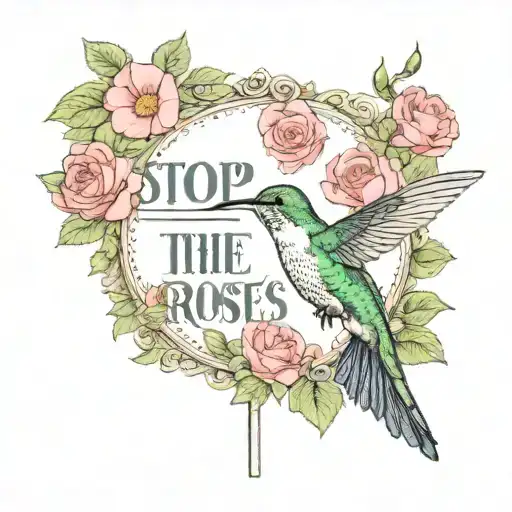 Hummingbird With Sign Saying Stop To Smell The Roses