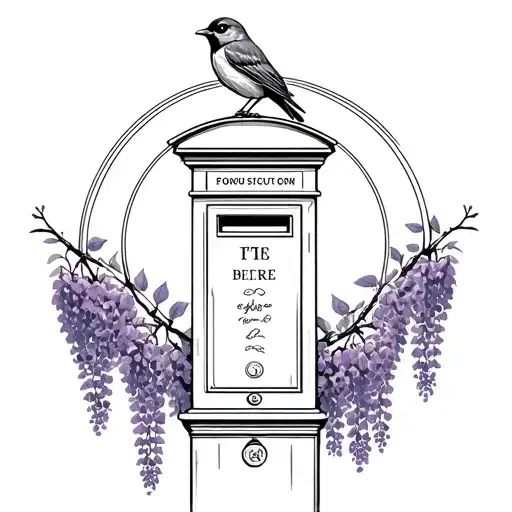 Robin On Top Of English Post Box In Front Of Wisteria Surrounded By Circle