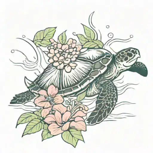 Side View Of Sea Turtle Swimming With Hibiscus Around It