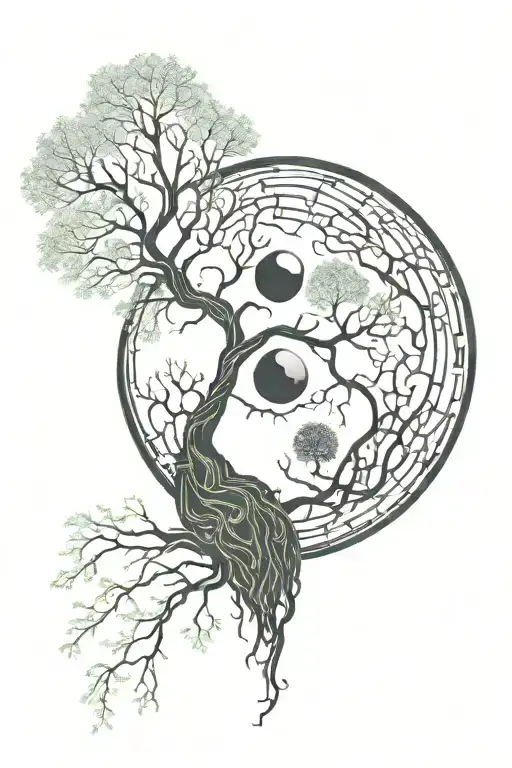 Yin And Yang Symbol Dissolving Into A Heart And As Above So Below Tree Symbol