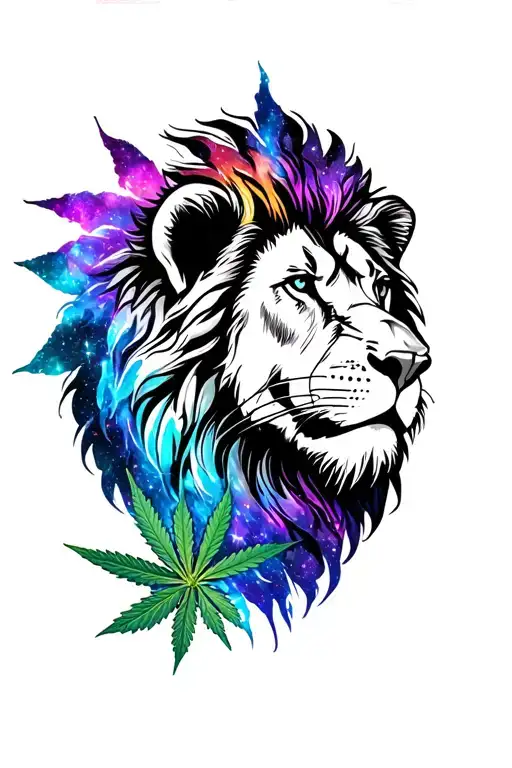 Black Mane Lion Infused With Colorful Galaxy And Cannabis Flower