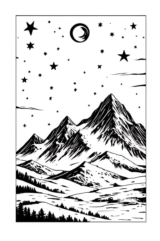 Mountain In A Clear Night Sky With Stars And Moon Surrounded