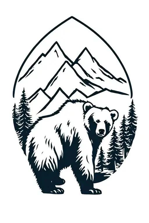 Grizzly Bear Standing With Pine Trees And Mountains