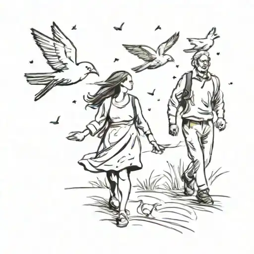 Mom And A Dad Walking With 2 Birds Flying In The Sky