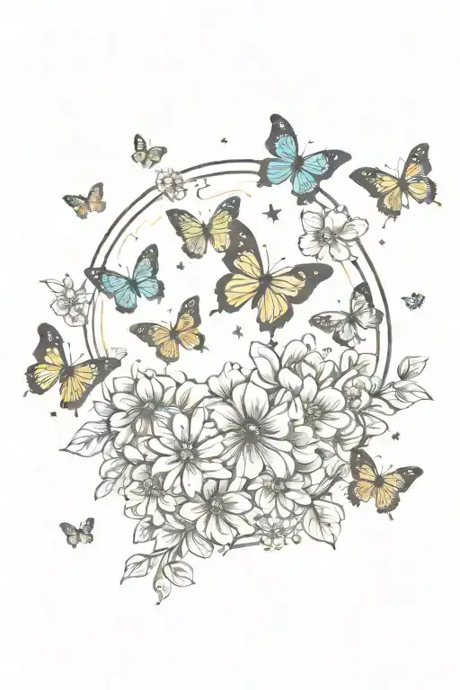 Flowers With Butterflies Flying Towards The Sun Moon