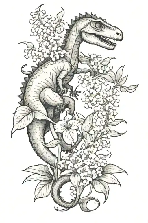 Dinosaur And Lily Of The Valley Flower Intertwined