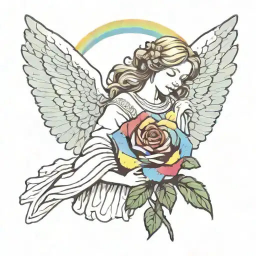 Rainbow Behind An Angel Holding A Rose Flower Growing