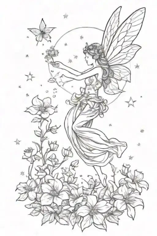 A Fairy Flying To The Stars Surrounded By Flowers