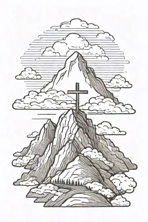 Mountain With Cross On Top With Clouds Surrounding