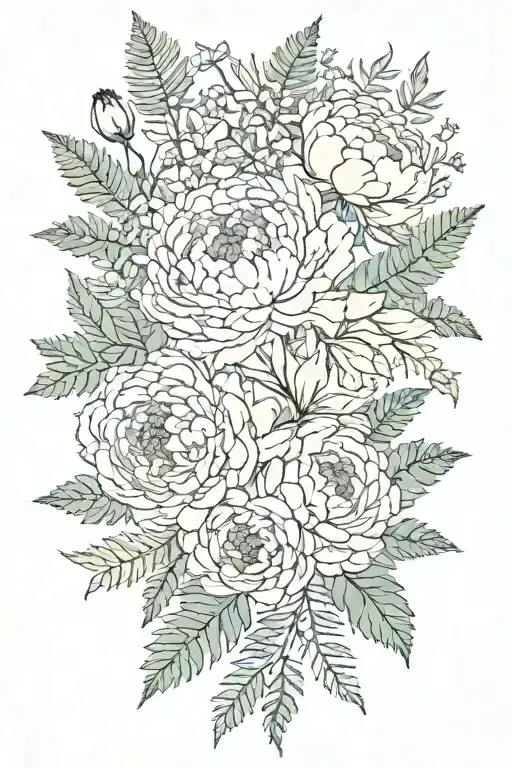 Peonies With Fern Leaves And Different Flowers And Delicate Leaves