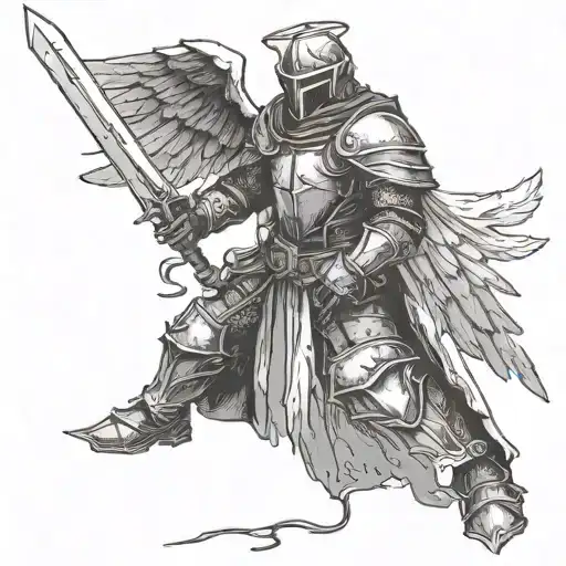 Dark Medival Knight With Worn Angel Wings And Sword