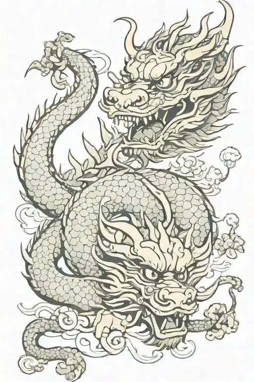 Chinese Dragon With Japanese Fighter Mask Surrounded
