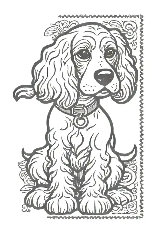 Kawaii Cartoon Crayon Style Postage Stamp Tattoo Of Black And White Cocker Spaniel