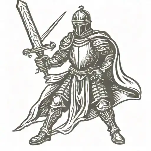 Woodcut Style Black Knight Holding Up A Sword