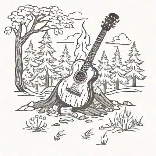 Bonfire Guitar Forest Scene With A Hidden