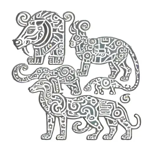 Different Animals In The Style Of Mayan Hieroglyphs