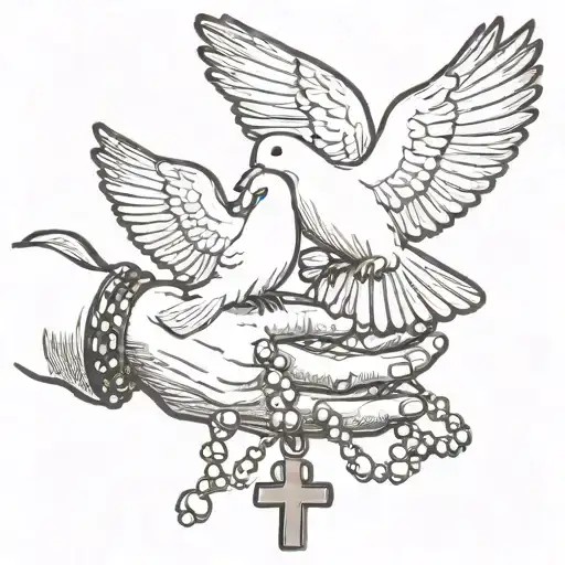 Hands Holding A Rosary Beads With A Dove Flying And