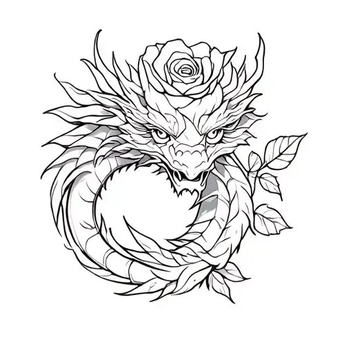 Dragon Head And Rose Intertwined