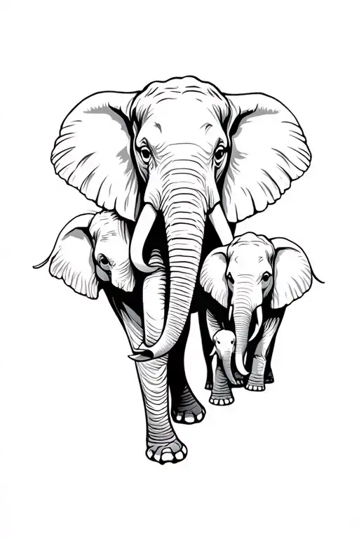 Male Elephant Protecting His Two Baby Elephants With His Trunk