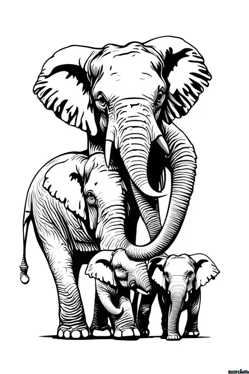 Male Elephant Protecting His Two Baby Elephants Walking