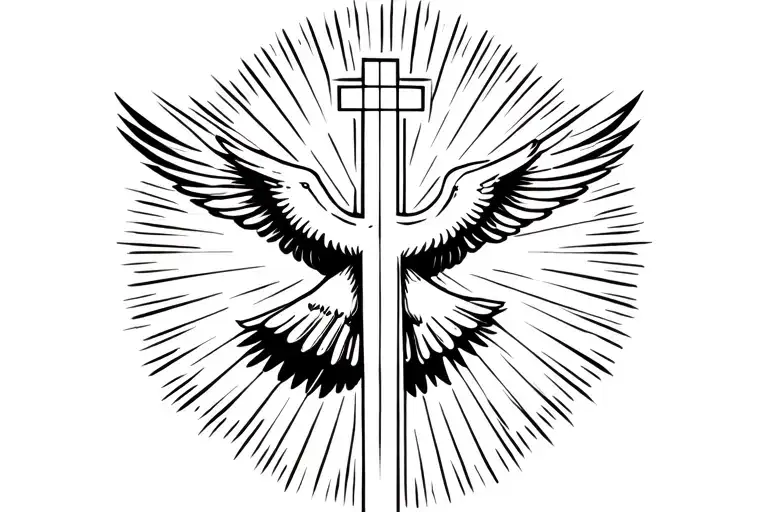 A Christian Cross In Straight Line And In Front Of A Dove Which Has Its Wings Deployed
