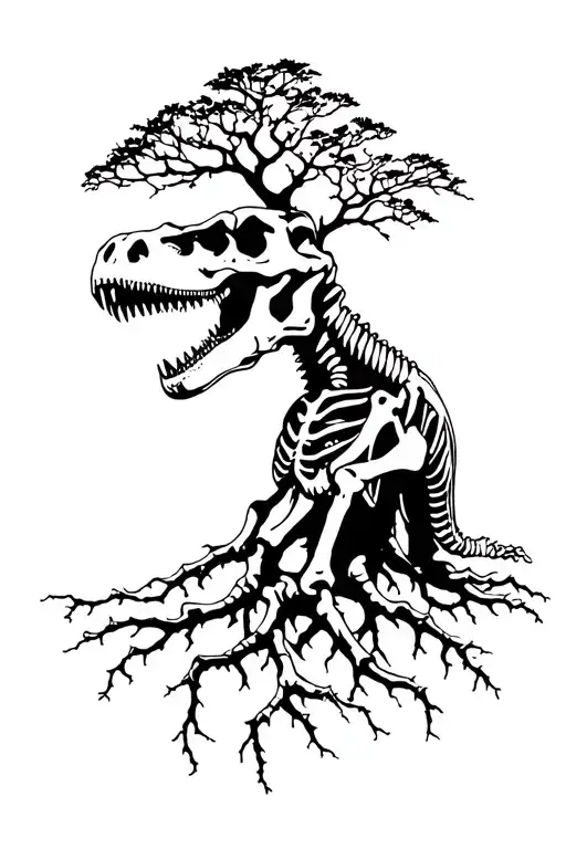 Yggdrasil Tree Roots With T Rex Skeleton