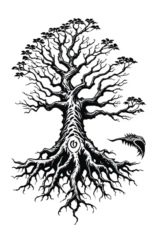 Yggdrasil Tree Roots With T Rex And Runes Vikings On The Back Top