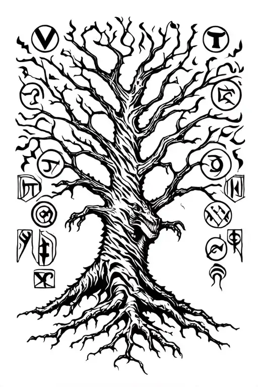 Yggdrasil Tree Roots With T Rex And Runes Vikings Symbols