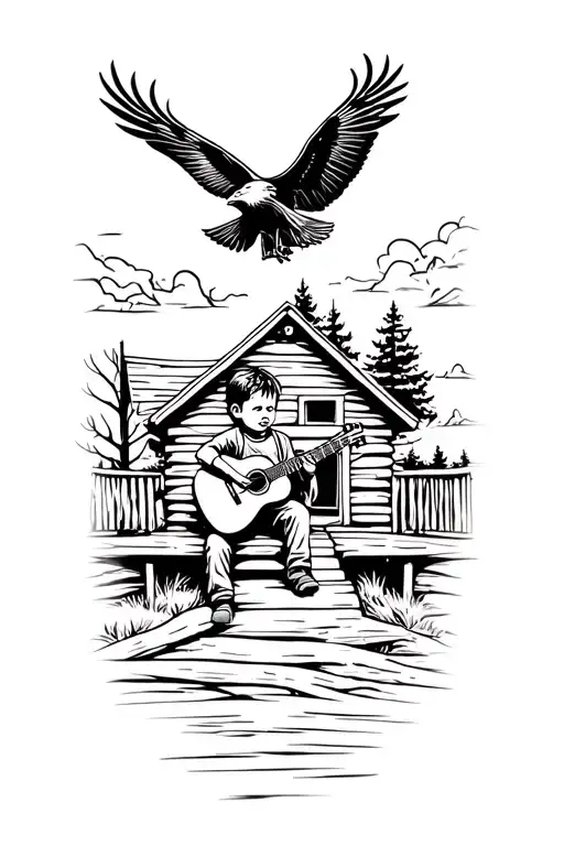 Little Boy Holding Guitar Sitting On A Log Cabin Porch With A Bald Eagle Flying In The Sky