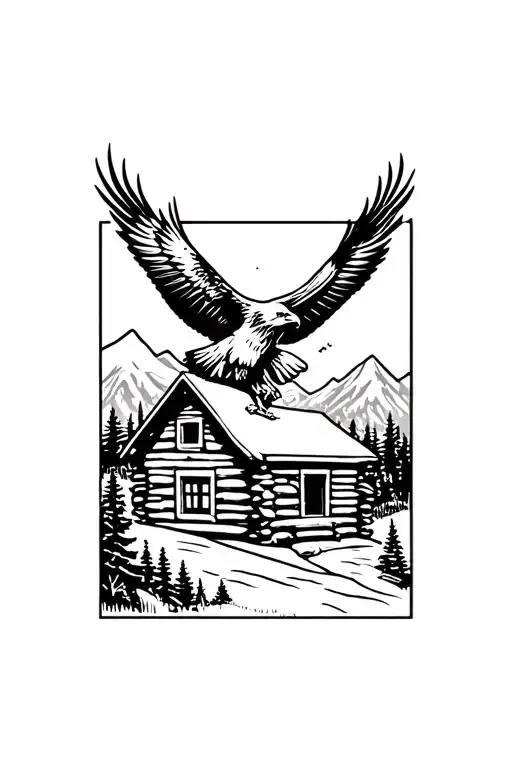 Log Cabin Up On A Mountain With A Bald Eagle Soaring In The Sky With A Acoustic Guitar