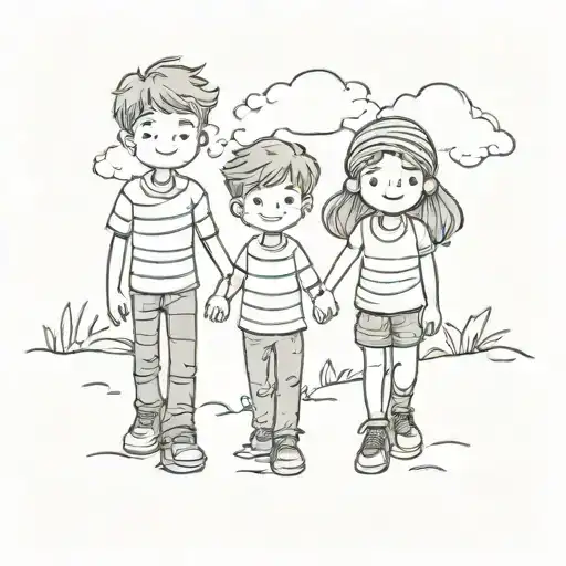 Brothers Sister And Father Holding Hands