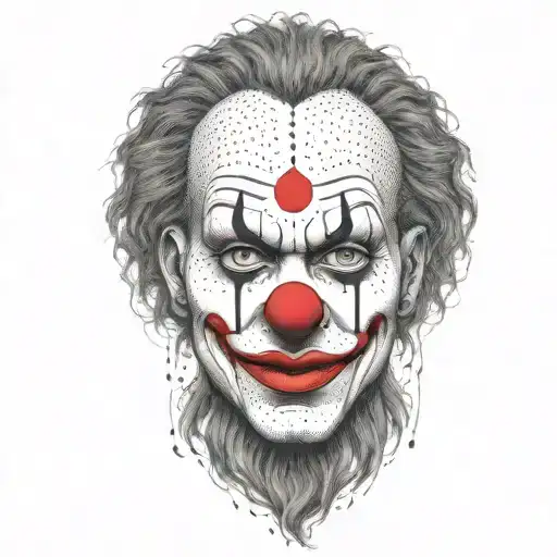 Abstract Clown Singer With Long Rasta Hair Dot Work Design With Fine Lines And Nice Red Noze