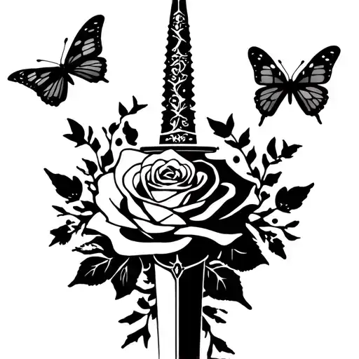 Dagger With Rose Surrounded By Butterflies Flying
