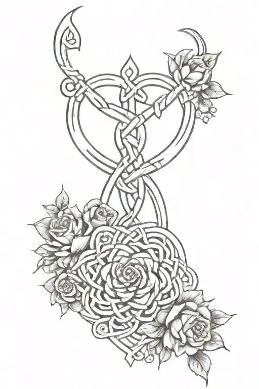 A Boho-inspired Tattoo Featuring A Celtic Knot Intertwined With Roses And Witchy Elements