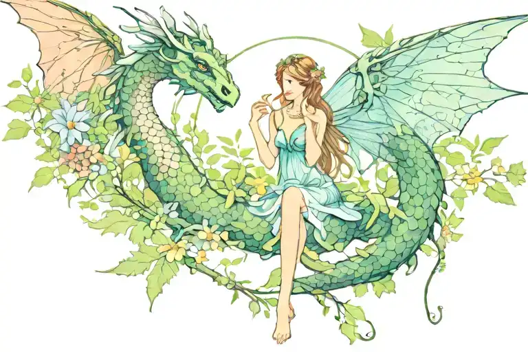 Fairy Surrounded By Nature And A Dragon