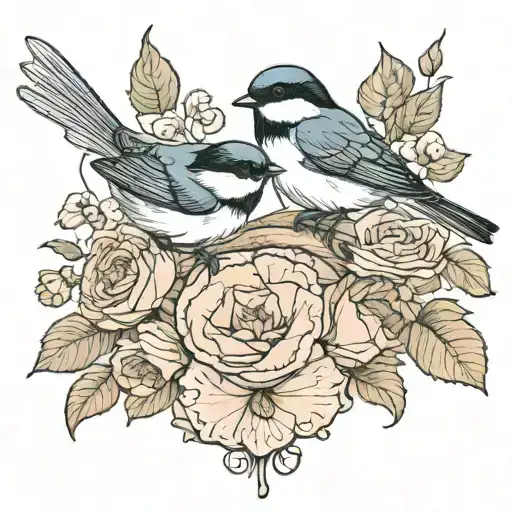 Swallow Bird Chickadee Roses Intertwined Poppies Growing