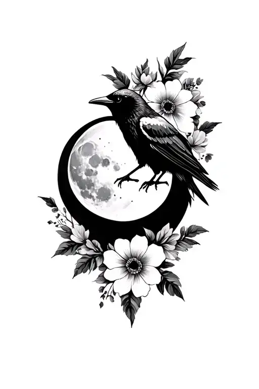 Black And White Tattoo On The Hole Leg With An Raven Fullmoon And Flower's