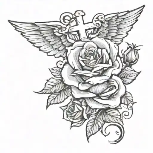 Rose With Cross Behind And Wings