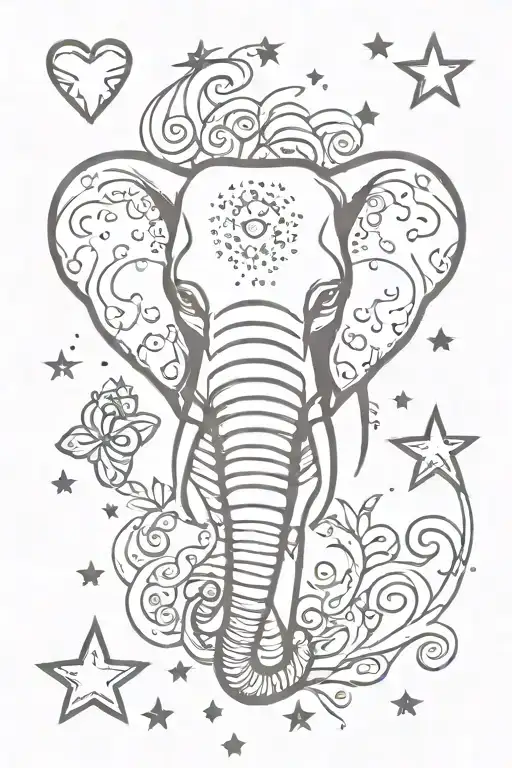 Elephant Face With Hearts And Stars Simplistic Tattoo Based
