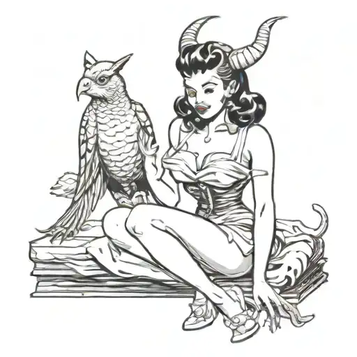 Pinup Devil Girl Sitting Holding Bird