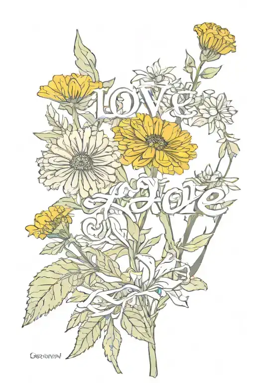 Marigold With The Word Love With All Your Heart Made Out Of Flower Stem