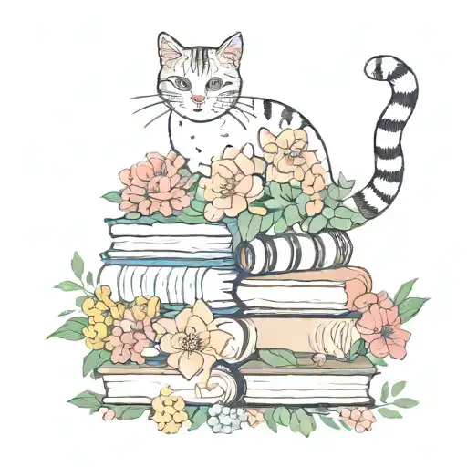 Cat And Books Surrounded By Florals Forming The Shape
