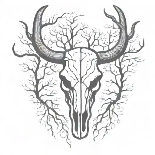 Bull Skull With Trees And Roots Reaching