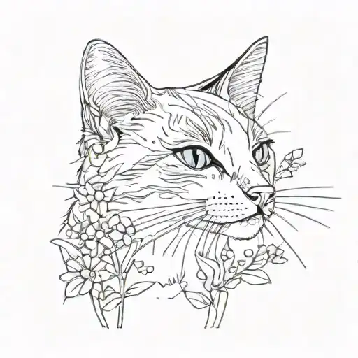 Cat Only Outline Looks Up At The Forget-me-not Flower As If She Misses Someone