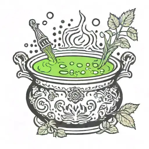 Spooky Cauldron With Green Bubbly Liquid Surrounded By Botanicals And Sparkles