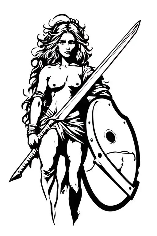 Woman Holding Sword And Shield